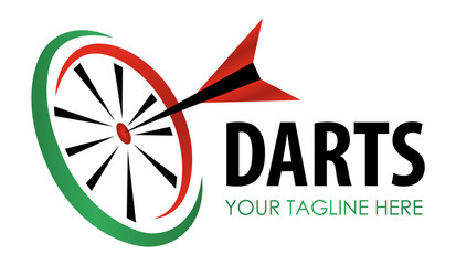 Vector modern darts game label. Creative sporting symbol. Darts, dartboard, ribbon for leisure design.  Hobby concept, 