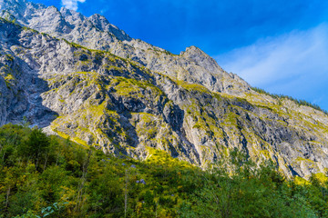 Valley in Alps mountains near Koenigssee, Konigsee, Berchtesgaden National Park, Bavaria, Germany.