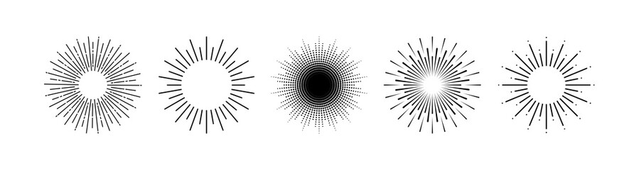 Sammlung Sonnenstrahlen schwarze Symbole isoliert auf weißem Hintergrund