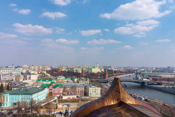 Panoramic view of the Moscow river and the Kremlin from the observation platform of the cathedral of Christ the Savior in Moscow, Russia