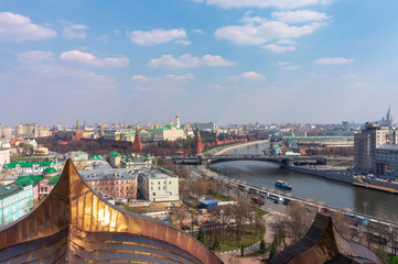 Panoramic view of the Moscow river and the Kremlin from the observation platform of the cathedral of Christ the Savior in Moscow, Russia