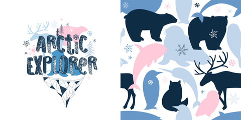 North Pole wildlife childish fashion textile graphics set with t-shirt print and accompanied tileable background. Arctic Explorer typographic print with polar animals and iceberg silhuette © AngellozOlga