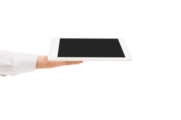 cropped view of woman holding digital tablet with blank screen isolated on white