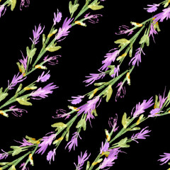 seamless pattern of flowers painted watercolor. Colorful flowers, twigs and leaves. Black background. Print for fabric, wallpaper and textiles.