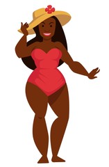 African woman in swimsuit and straw hat isolated female character