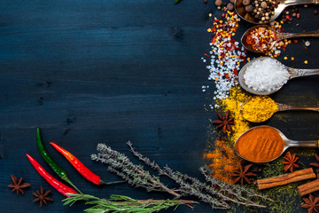 Set of seasonings and spices on wooden blue background