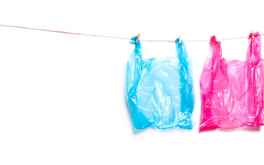 Pink, blue  plastic bag.Ecological concept of pollution of ecology