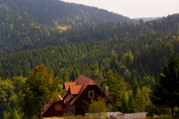 Tara Mountain, Serbia. Wooden house in the mountains, beautiful view of the mountains and the forest. Sunset