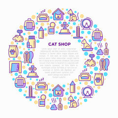 Fototapeta na wymiar Cat shop concept in circle with thin line icons: bags for transportation, hygiene, collars, doors, toys, feeders, scratchers, litter, shack, training. Modern vector illustration for print media.