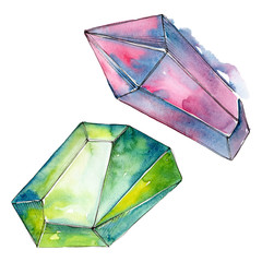 Colorful diamond rock jewelry minerals. Watercolor background set. Isolated crystal illustration element.