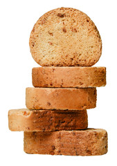 A stack of crackers with nut filling isolated on a white background. Close-up. Side view.