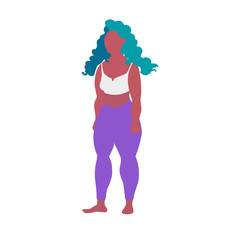 Dark skin plus size girl in modern clothes. Vector illustration of young woman with turquoise curly hair. Plump lady in white tank top and lilac leggings on neutral background.