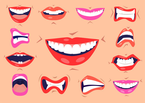 Cartoon cute mouth expressions facial gestures set with pouting lips smiling sticking out tongue isolated vector illustration. Smiles and lips icons set.