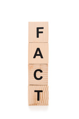 black fact lettering made of wooden blocks isolated on white