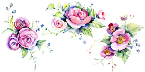 Pink rose bouquet loral botanical flowers. Watercolor background set. Isolated bouquets illustration element.