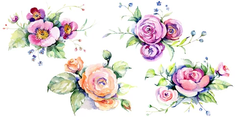 Fotobehang Bloemen Roze roos boeket loral botanische bloemen. Aquarel achtergrond instellen. Geïsoleerde boeketten illustratie element.