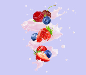 Fresh milk, cream, yogurt splash swirl with ripe strawberries, blueberries, cherry, cranberry, raspberry.  Label, sticker or banner ad element with milk, yogurt, cream and berries. 3D