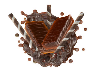 Melted dark chocolate or chocolate syrup splash with crispy choco wafer candies and sticks. Chocolate wafer bars liquid swirl splash design advertising element. Chocolate flavors. 3D