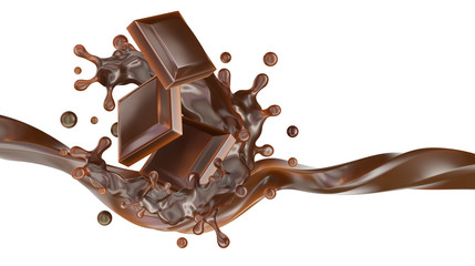 Melted dark chocolate or chocolate syrup wave with chocolate pieces isolated. Tasty chocolate bars and liquid swirl splash banner design ad element. Sweets advertising label. 3D render