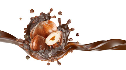 Melted dark chocolate or chocolate syrup splash wave with hazelnuts isolated. Chocolate drops and hazel nuts liquid swirl splash banner design ad element. Nuts chocolate flavor. 3D