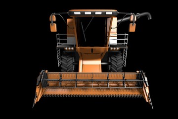 Fototapeta na wymiar industrial 3D illustration of big cg orange rye harvester with harvest pipe detached front view isolated on black