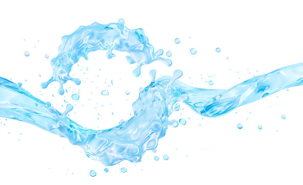 Fresh pure water swirl splash. Clean transparent water liquid wave in spiral  form isolated on white.  Healthy drink fluid splash, hydration or saving water banner design. 3D render