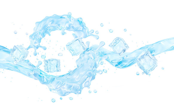 Fresh pure ice water wave splash. Clean transparent water or liquid fluid wave in round splashes aqua form. Healthy drink fluid splash concept with ice cubes isolated.  3D render