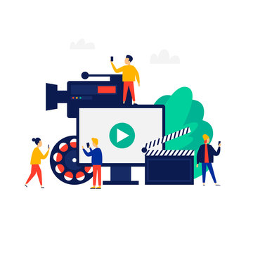 Videography, people shoot video. Flat illustration in cartoon style. Vector.	