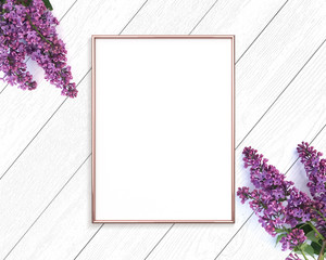 Rose gold frame mockup on a wooden painted white background. 3x4 Portrait.