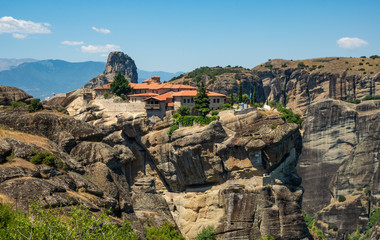 Beautiful view of the monastery of the Holy Trinity and its surrounding mountains in the region of Meteora, Greece