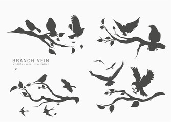 figure set flock flying birds on tree branch