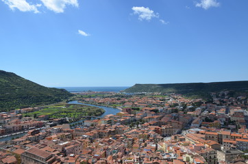 Aerial view of colorful houses in Bosa, Sardinia, Italy