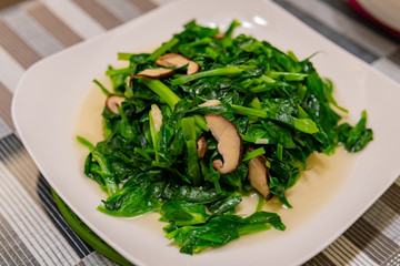 Close up shot of fried Pea pod shoot