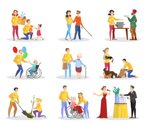 Volunteer help people set. Collection of charity