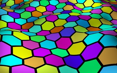 Honeycomb multi-colored. Perspective view on polygon look like honeycomb. Wavy surface. Isometric geometry. 3D illustration