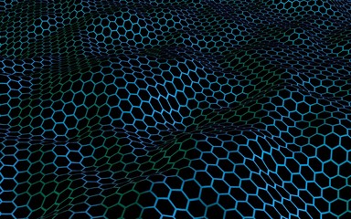 Honeycomb blue wave effect on a dark background. Perspective view on polygon look like honeycomb. Isometric geometry. 3D illustration