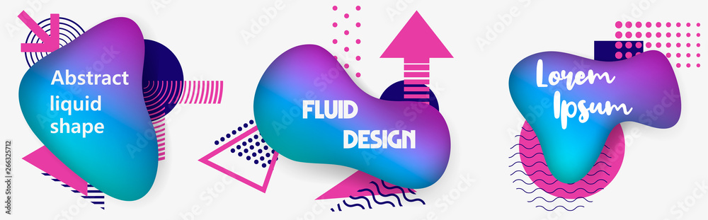 Poster Abstract liquid shape. Fluid design. Isolated gradient waves with geometric lines, dots. Vector illustration.