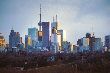 Fototapeta na wymiar Downtown Toronto skyline looking west at sunset
