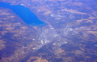 Aerial view of the Cayuga Lake and the city of Ithaca in upstate New York