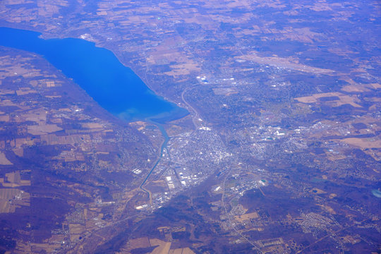 Aerial view of the Cayuga Lake and the city of Ithaca in upstate New York