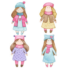 Original watercolor doll. Picture with cartoon girls. Nice illustration for for book, stickers,logo, business card or postcard.
