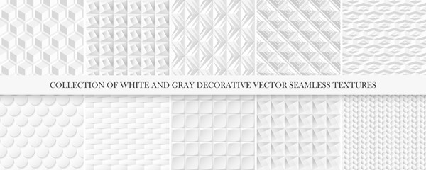 Collection of white and gray tile seamless decorative textures. Geometric repeatable backgrounds. Vector 3d patterns.