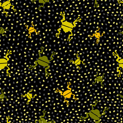 Beautiful seamless pattern with a frog on a black isolated background. Abstract silhouette of a frog with seeds. Design for wallpapers, fabrics, posters.
