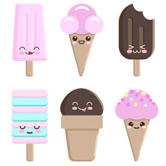 Kawaii style. Vector flat icons with ice cream. Ice cream in a spoonful of a cup and on a stick.