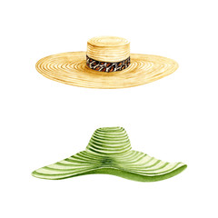 Watercolor hats. Summer vacation items isolated on white. Greenery color and leopard print. Hand painted set perfect for card making, vintage design and fabric textile. Illustration