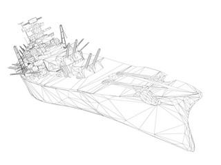 Wireframe polygonal warship with guns. 3D. Vector illustration.