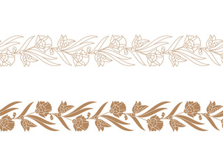 two seamless vector vintage floral borders. seamless template in swatch panel. design for print, woodblock, cards