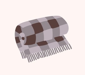 Woolen checkered plaid with fringe or warm rolled tartan blanket isolated on white background. Home decoration in Hygge style, decorative design element. Flat cartoon colorful vector illustration.