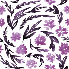 Simple loose watercolor flowers in mauve and dark purple. Seamless pattern. © Anya D
