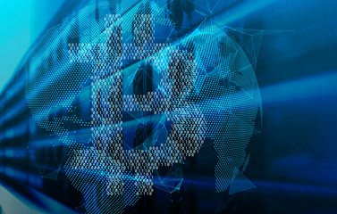 Binary bitcoin over earth digital projection and tech dark background motion 3d render